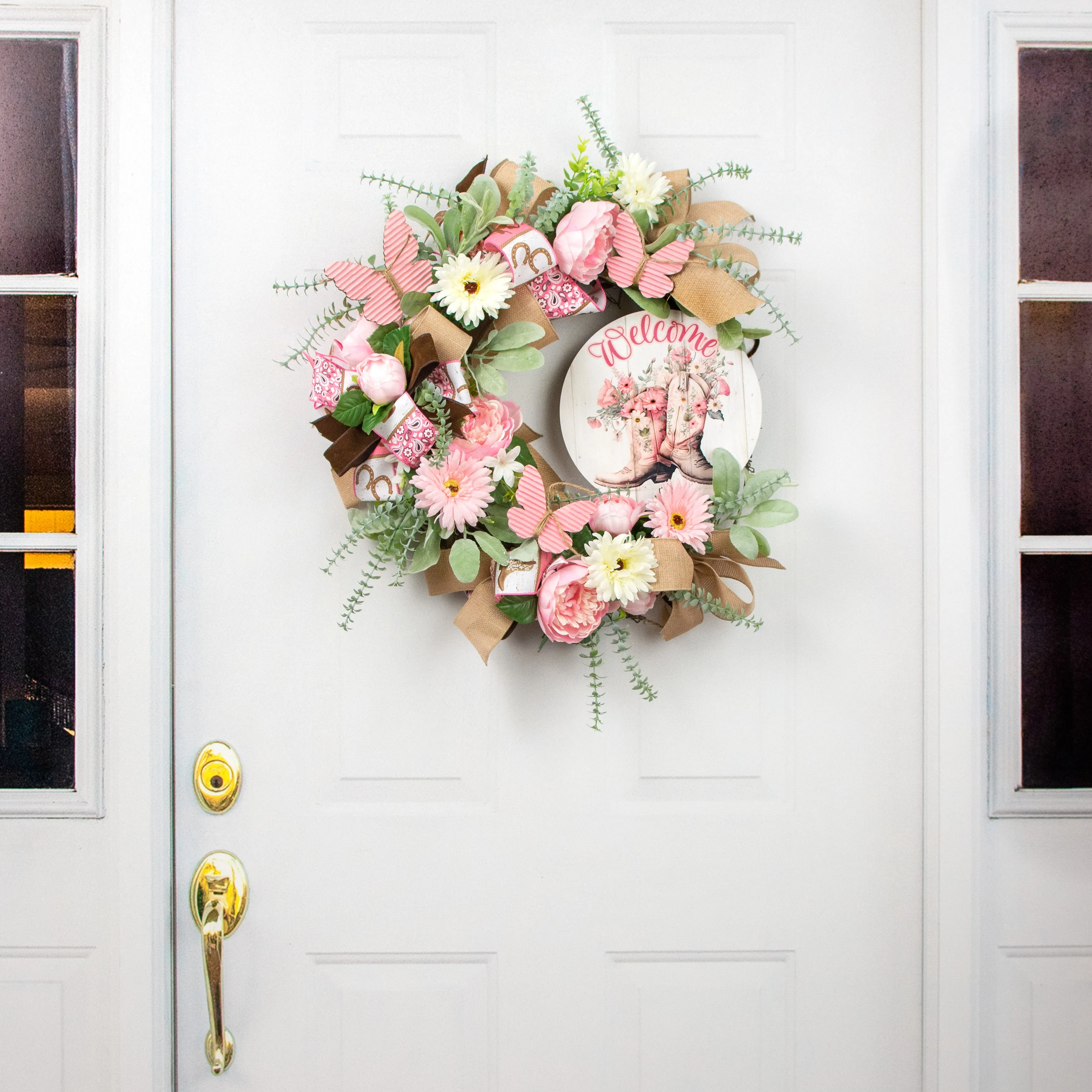 9.4" Round Waterproof Sign: Welcome Pink Floral Cowboy Boots