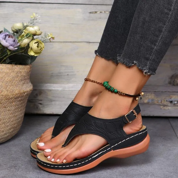 Adjustable PU Leather Roman Flip Flop Sandals with Embroidered Design