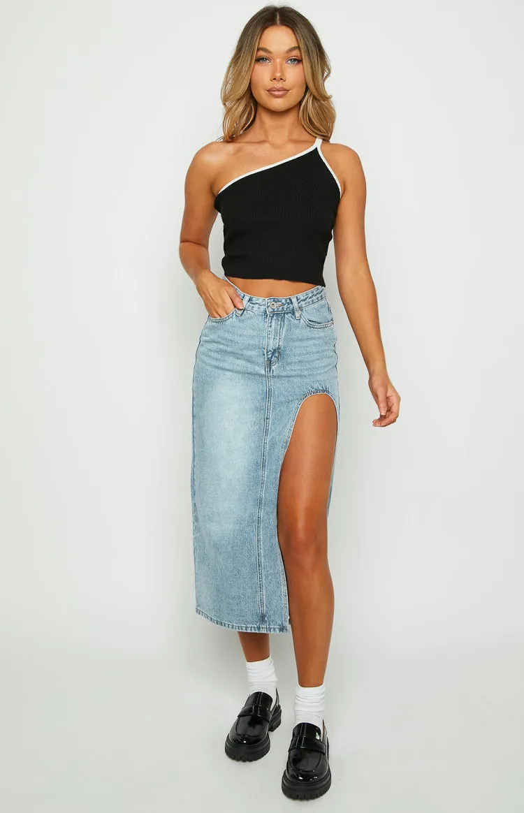 Aysha Cutout Blue Denim Midi Skirt