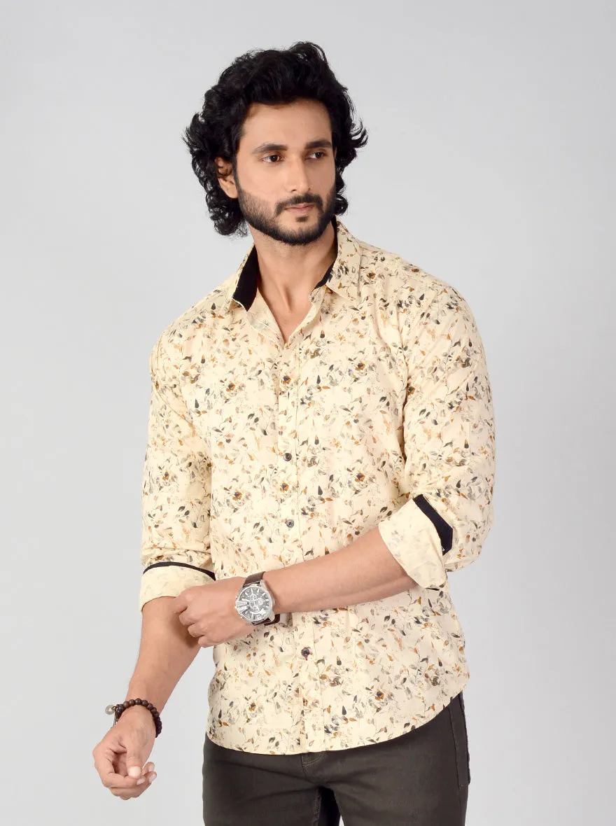 Beige Printed Slim Fit Casual Shirt | Greenfibre