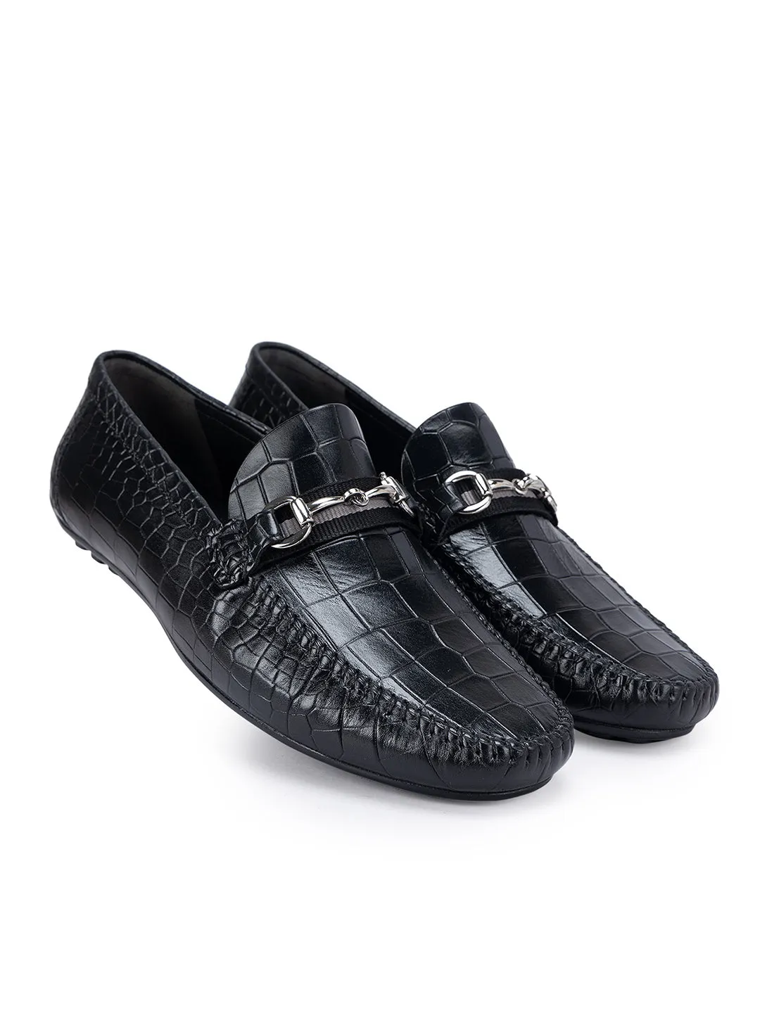 Black Croco Leather Moccasins