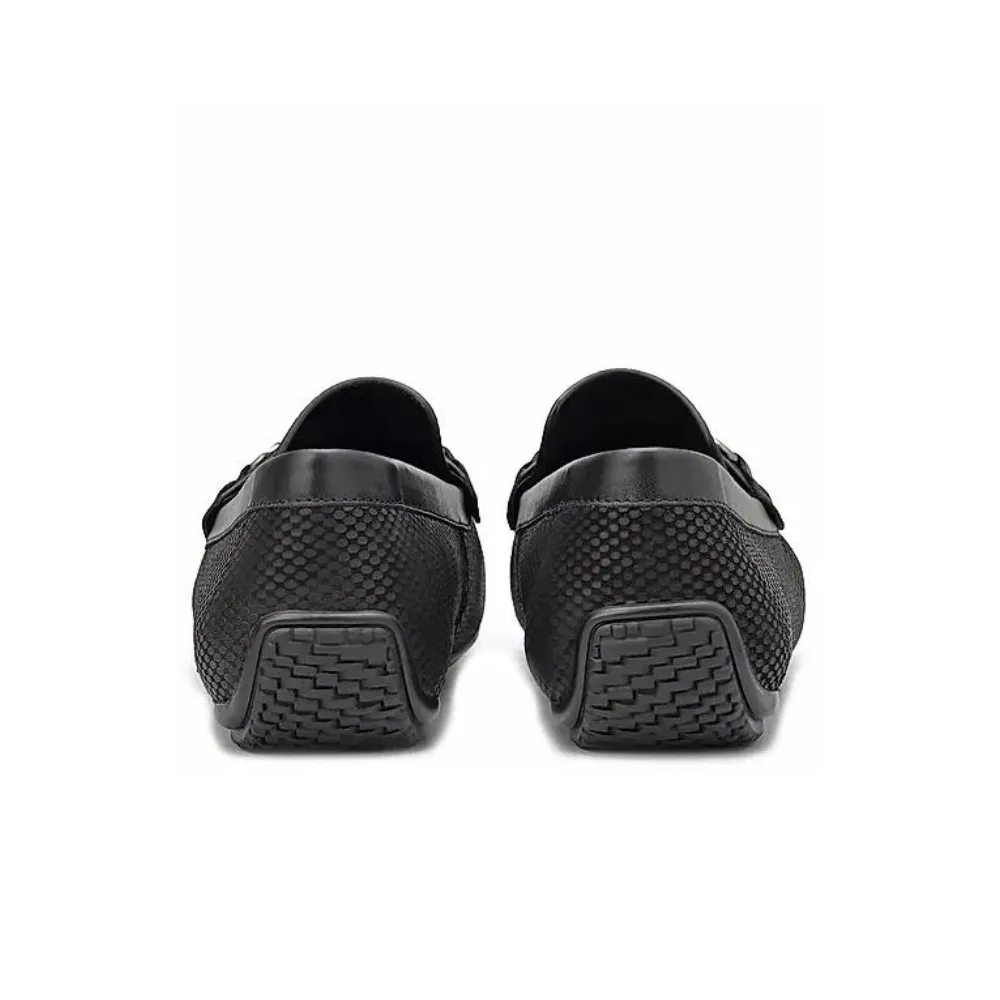 Black Laser Print Leather Moccasins