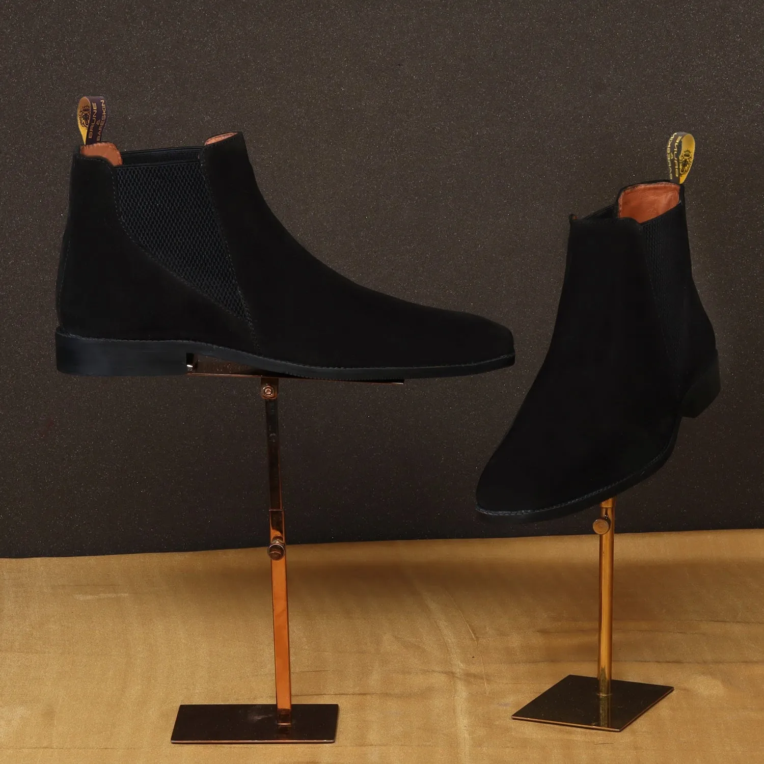 Black Suede Leather Chelsea Boot with a Stylish Sharp Elastic Design