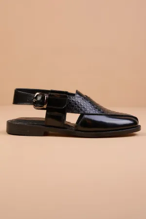 Black Textured Leather Slingback Loafers