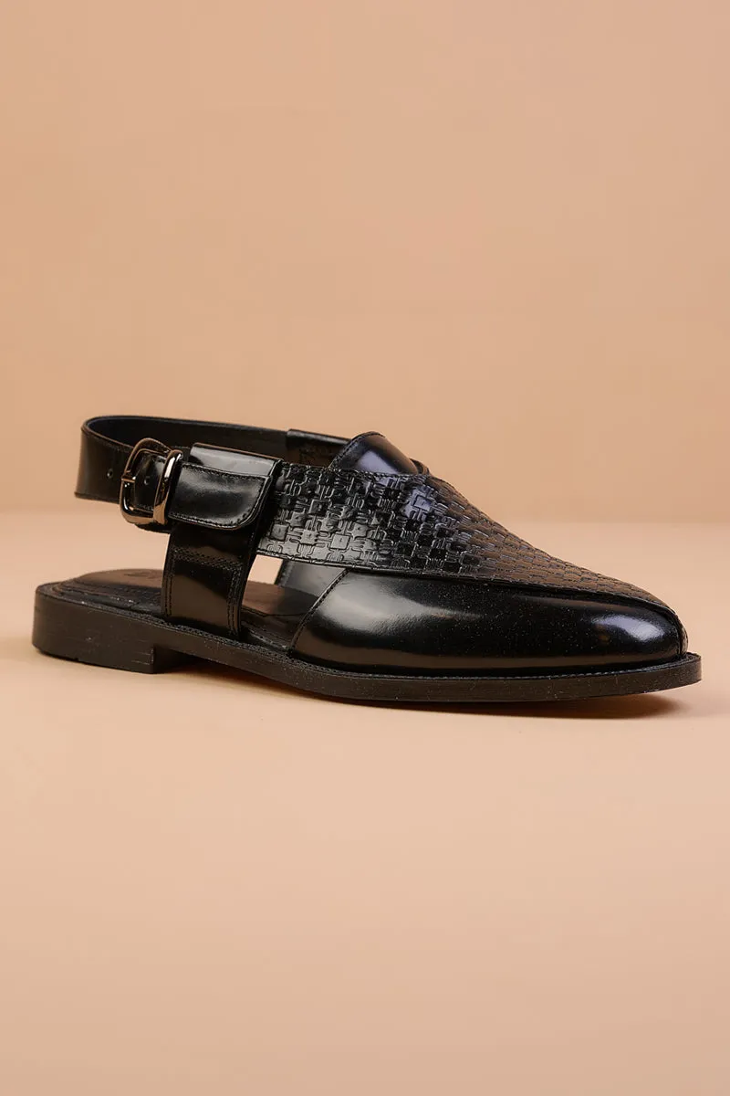 Black Textured Leather Slingback Loafers