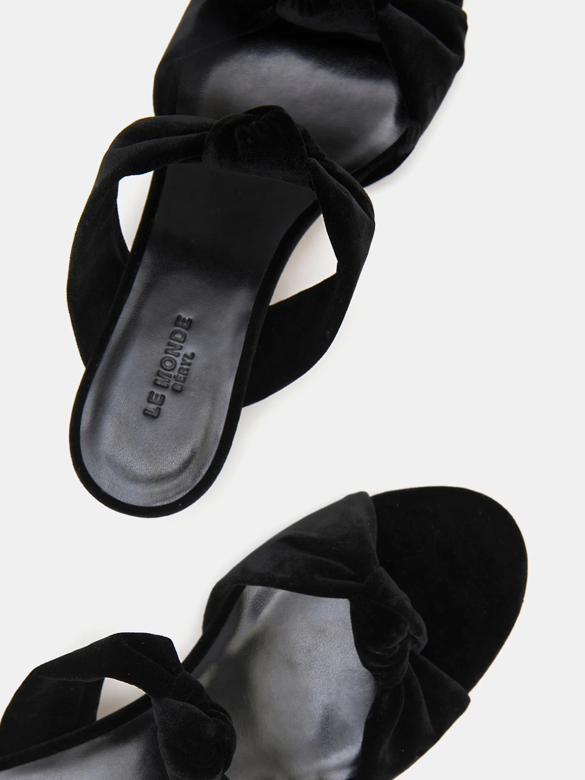 Black velvet knot sandal kitten heels