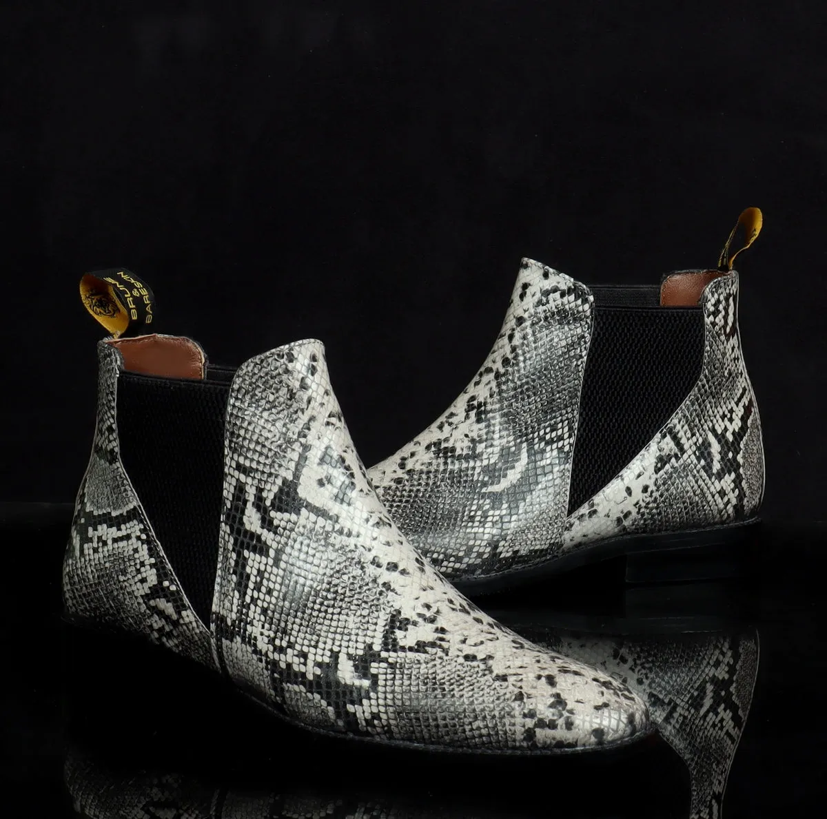 Black-White Snake Print Leather Chelsea Boot