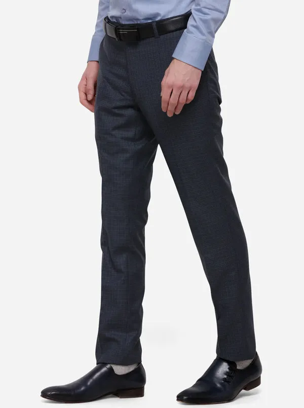 Blue & Grey Checked Super Slim Fit Formal Trouser | JadeBlue