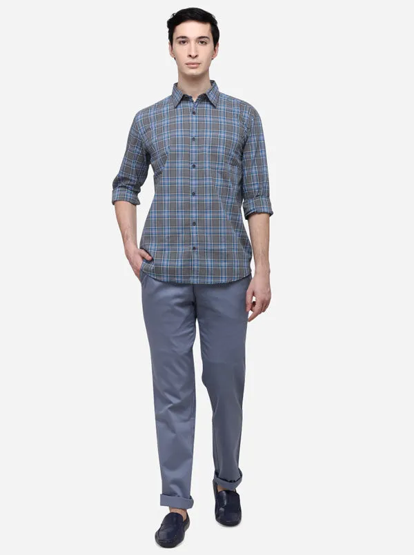 Blue & Grey Slim Fit Checked Casual Shirt | JadeBlue