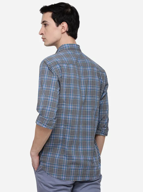 Blue & Grey Slim Fit Checked Casual Shirt | JadeBlue