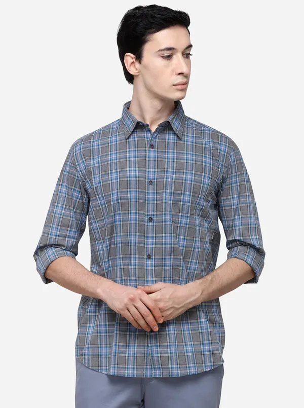 Blue & Grey Slim Fit Checked Casual Shirt | JadeBlue