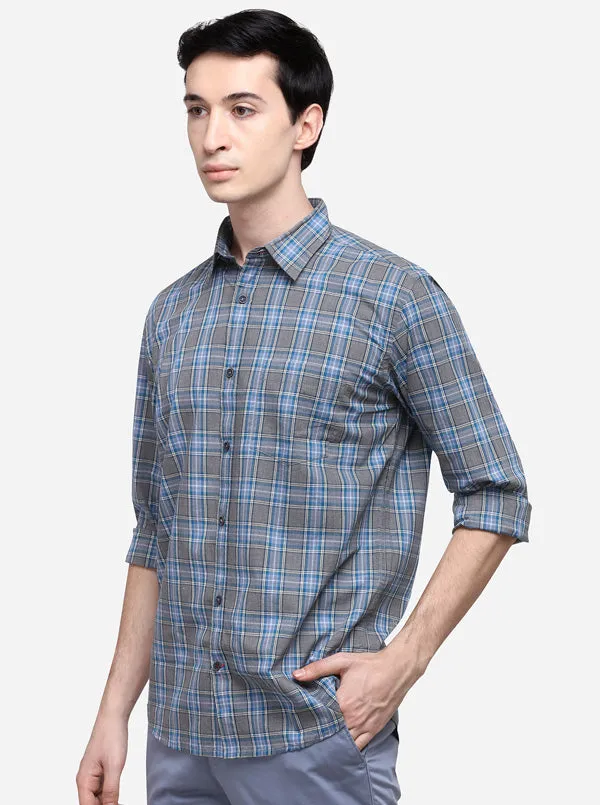 Blue & Grey Slim Fit Checked Casual Shirt | JadeBlue