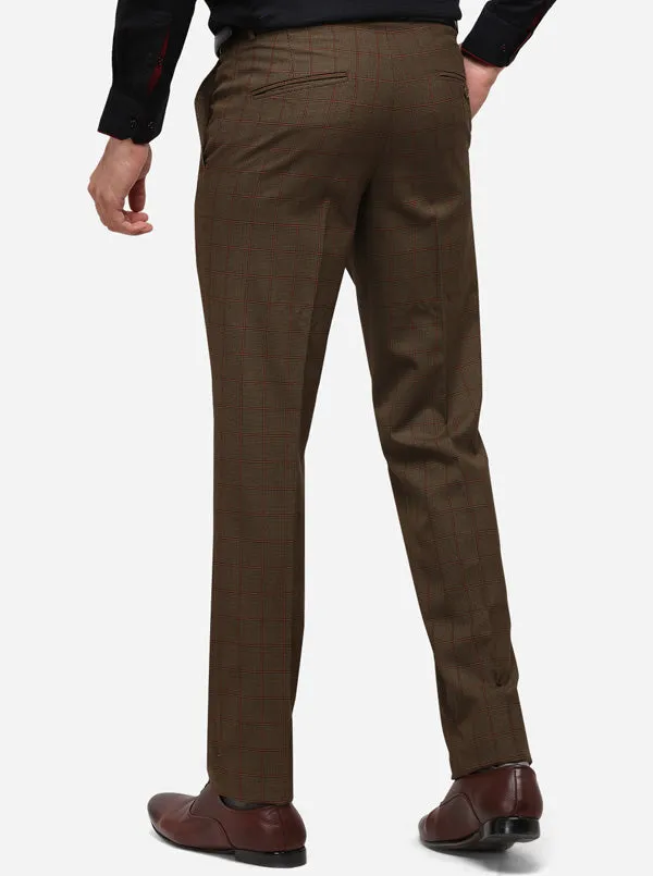 Brown Checked Slim Fit Formal Trouser | Greenfibre