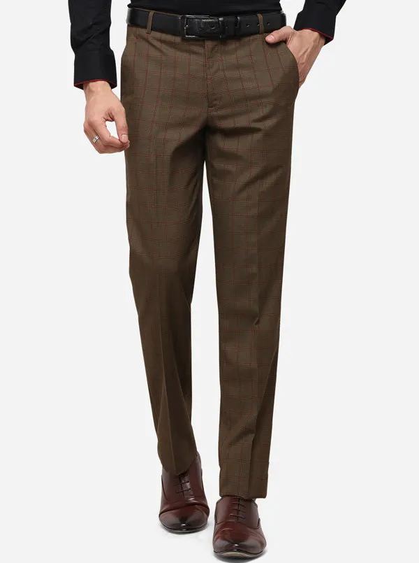 Brown Checked Slim Fit Formal Trouser | Greenfibre