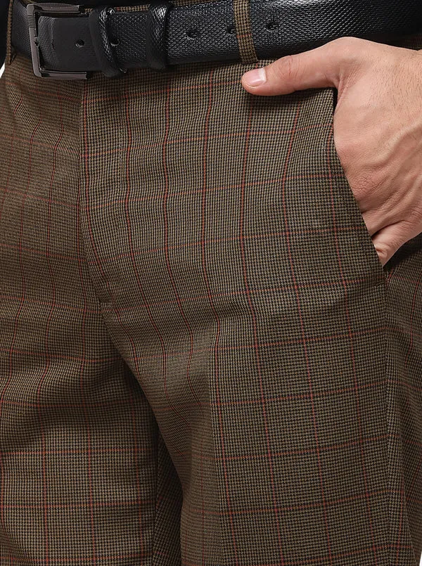 Brown Checked Slim Fit Formal Trouser | Greenfibre