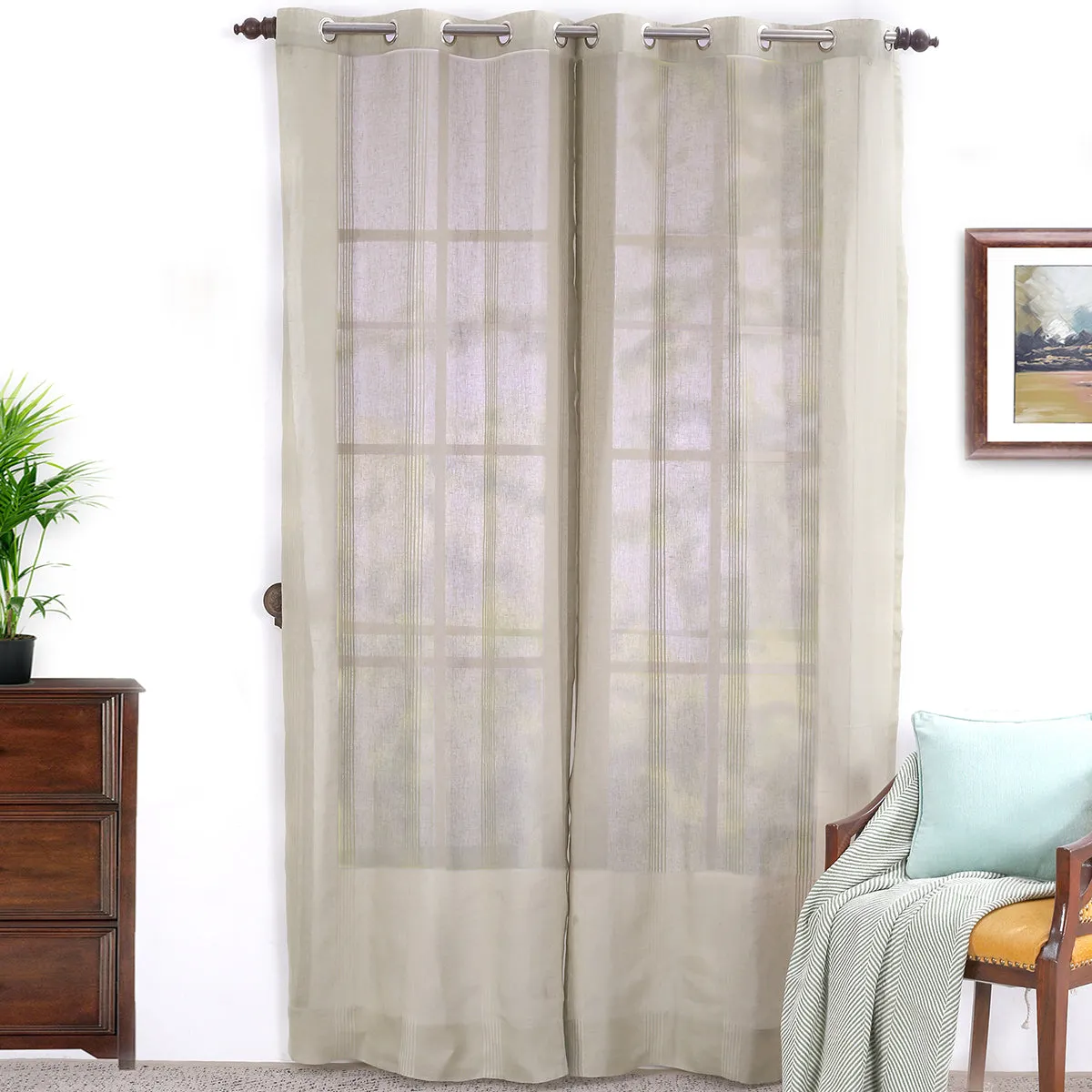 Cannabis Stripe Solid 2PC Beige Curtain Set