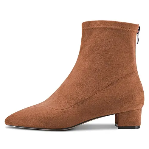 Castamere Women Chunky Block Low Heel Close Pointed Toe Ankle Boots Short Bootie Slip-on Zipper 1.4 Inches Heels Classic Cute Shoes Brown