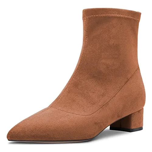 Castamere Women Chunky Block Low Heel Close Pointed Toe Ankle Boots Short Bootie Slip-on Zipper 1.4 Inches Heels Classic Cute Shoes Brown