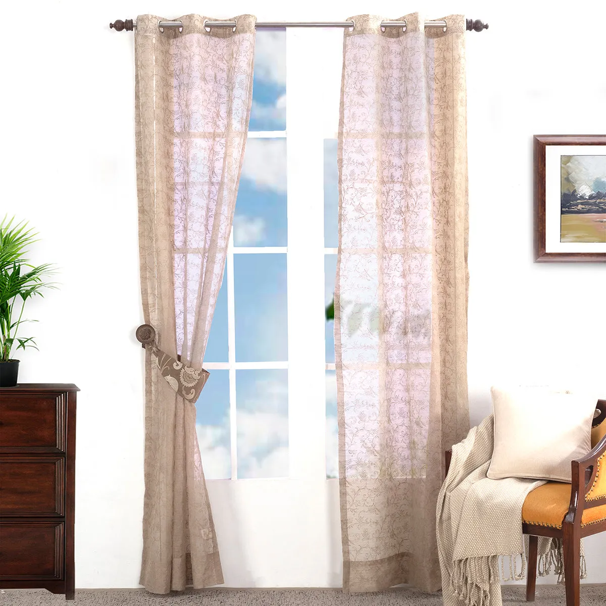 Chintz Leaves Embroidered 2PC Beige Curtain Set