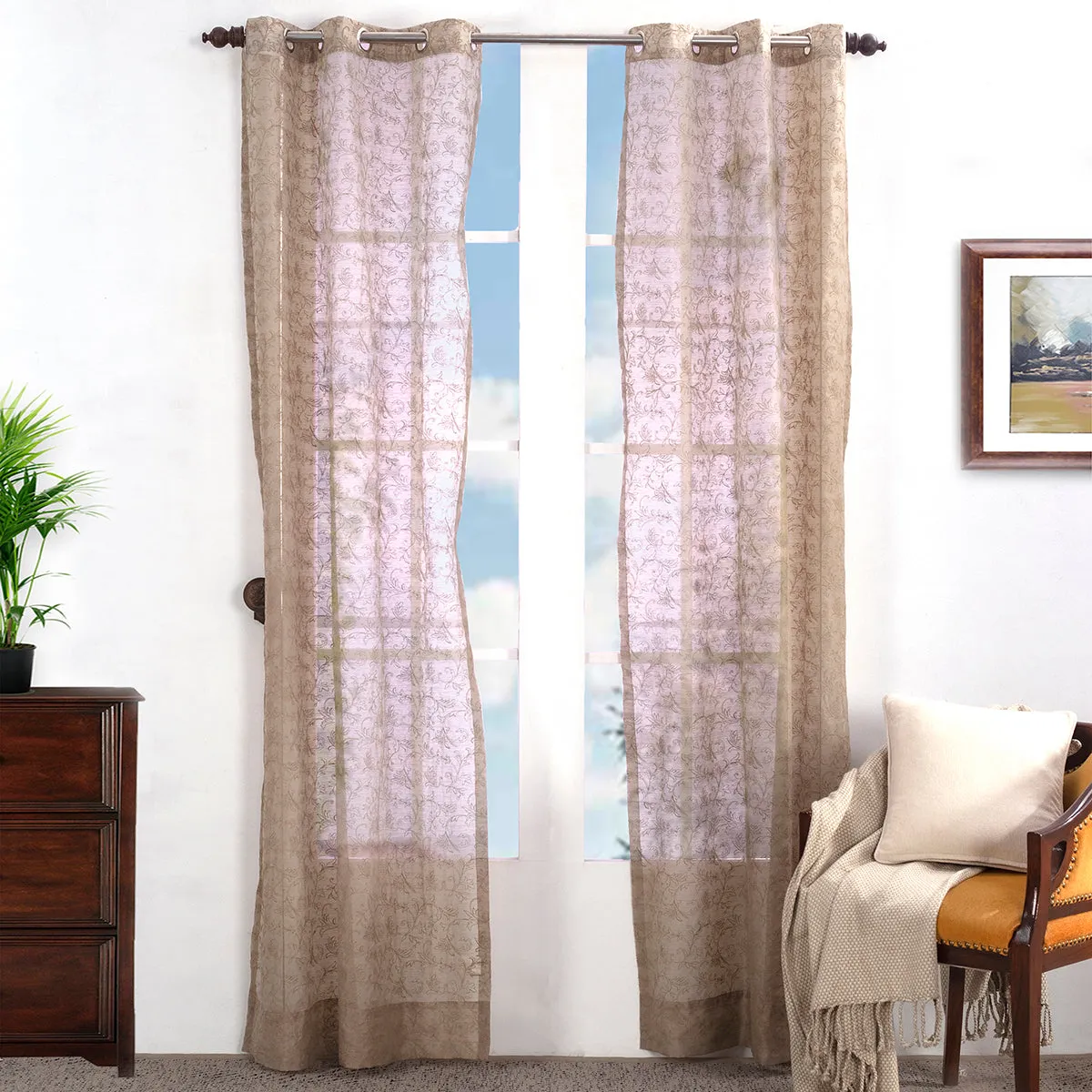 Chintz Leaves Embroidered 2PC Beige Curtain Set