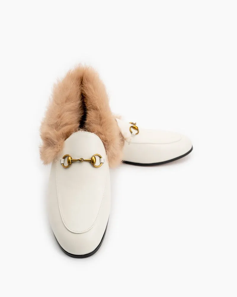 Classic Metal Buckle Fur Slip-on Flat Penny Loafers