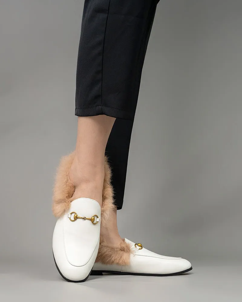 Classic Metal Buckle Fur Slip-on Flat Penny Loafers