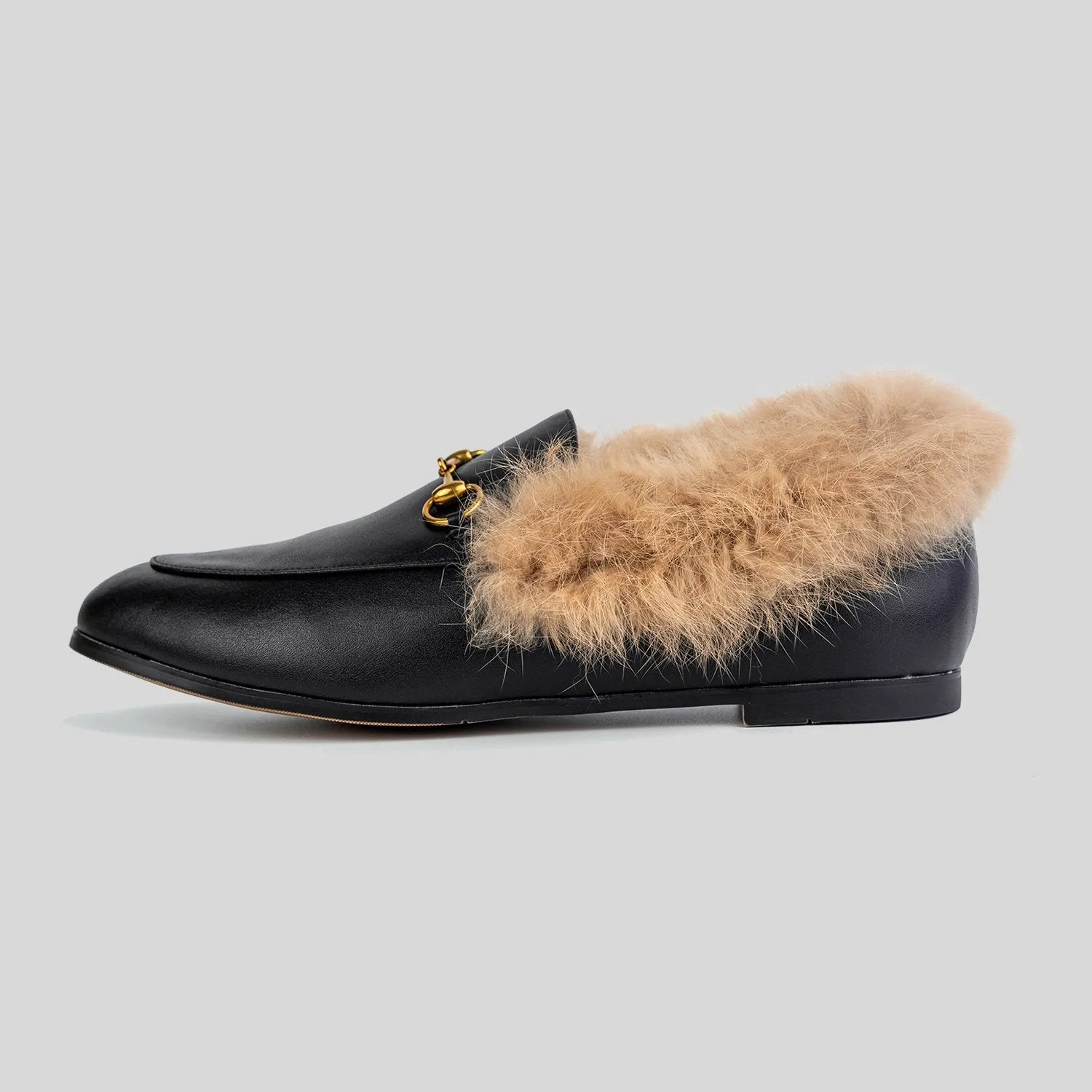 Classic Metal Buckle Fur Slip-on Flat Penny Loafers