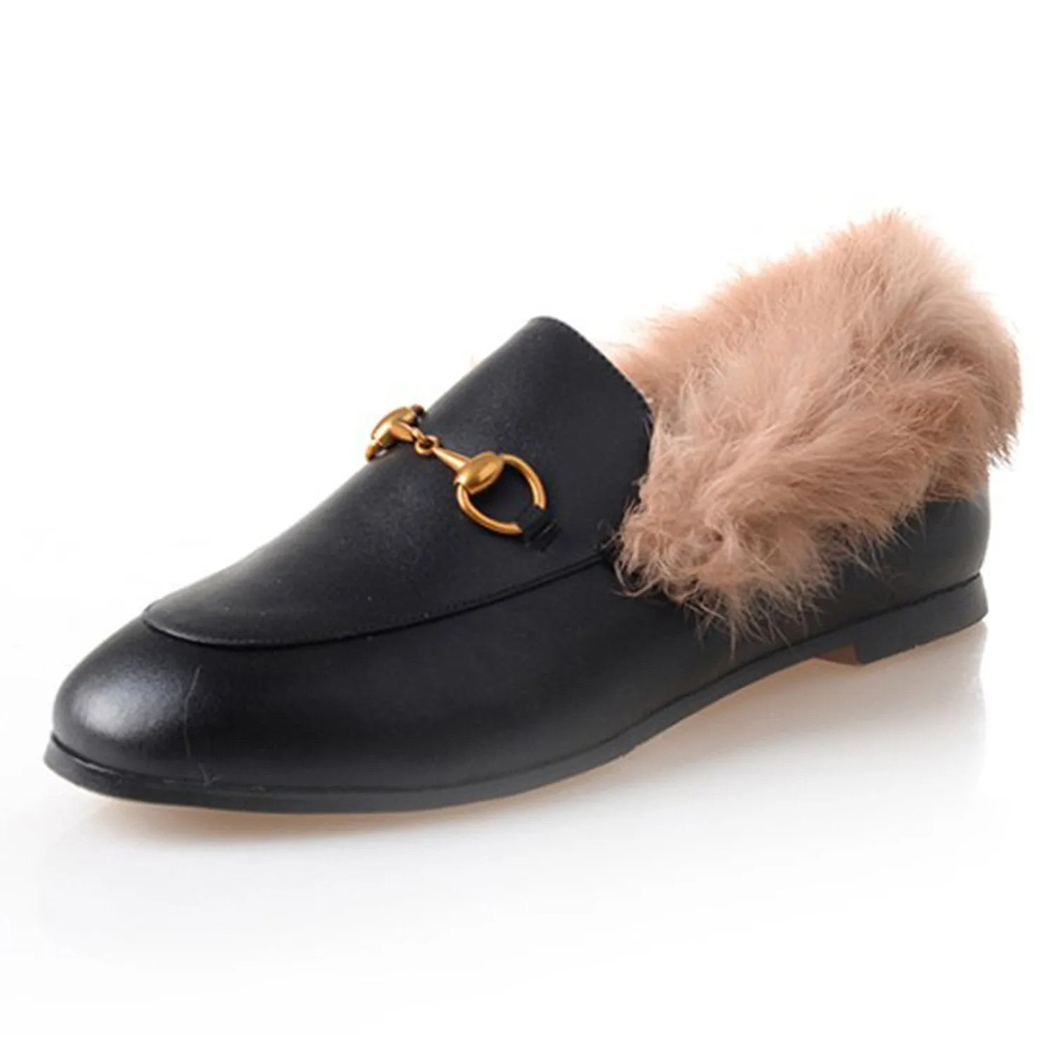 Classic Metal Buckle Fur Slip-on Flat Penny Loafers