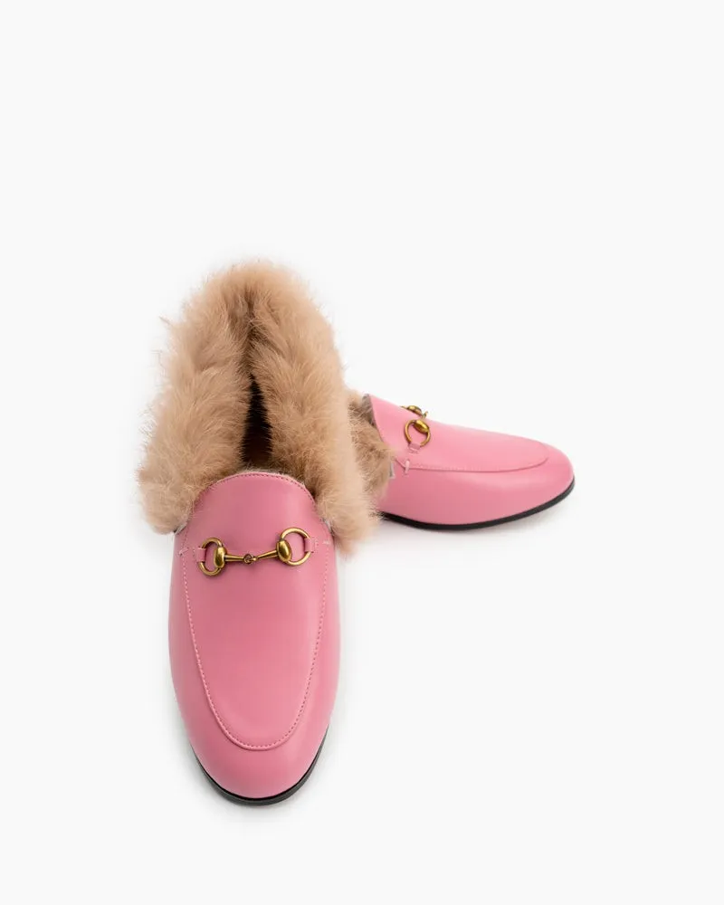 Classic Metal Buckle Fur Slip-on Flat Penny Loafers