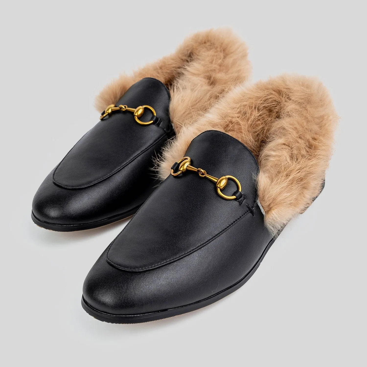 Classic Metal Buckle Fur Slip-on Flat Penny Loafers