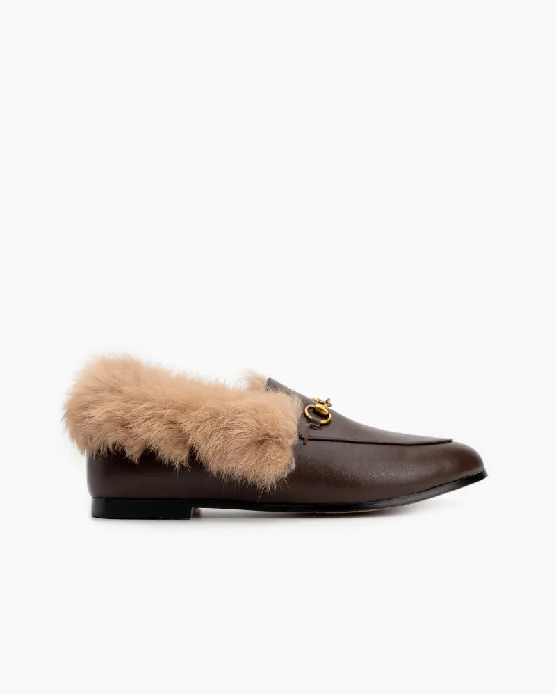 Classic Metal Buckle Fur Slip-on Flat Penny Loafers