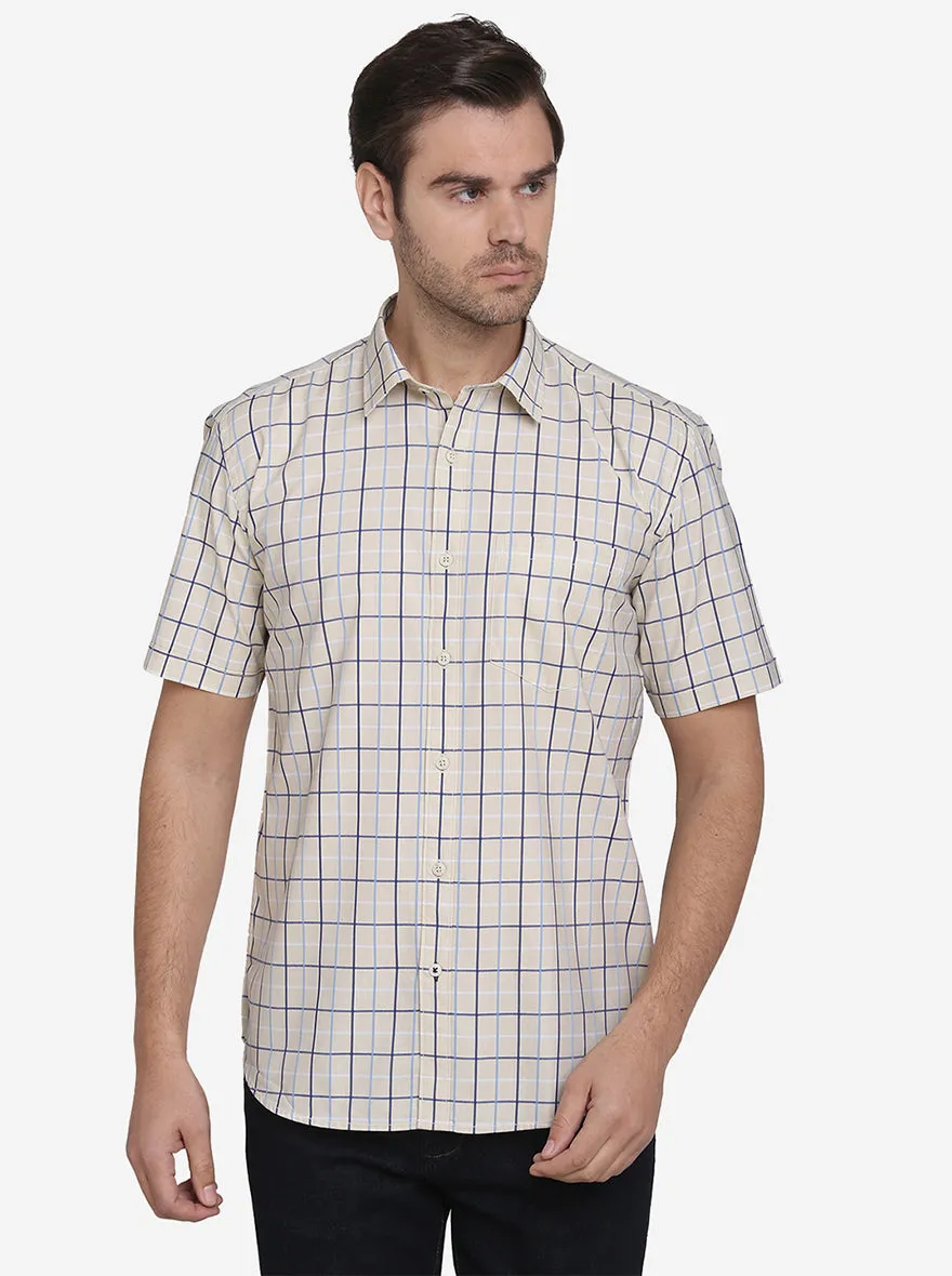 Cream & Blue Checked Regular Fit Casual Shirt  | Greenfibre