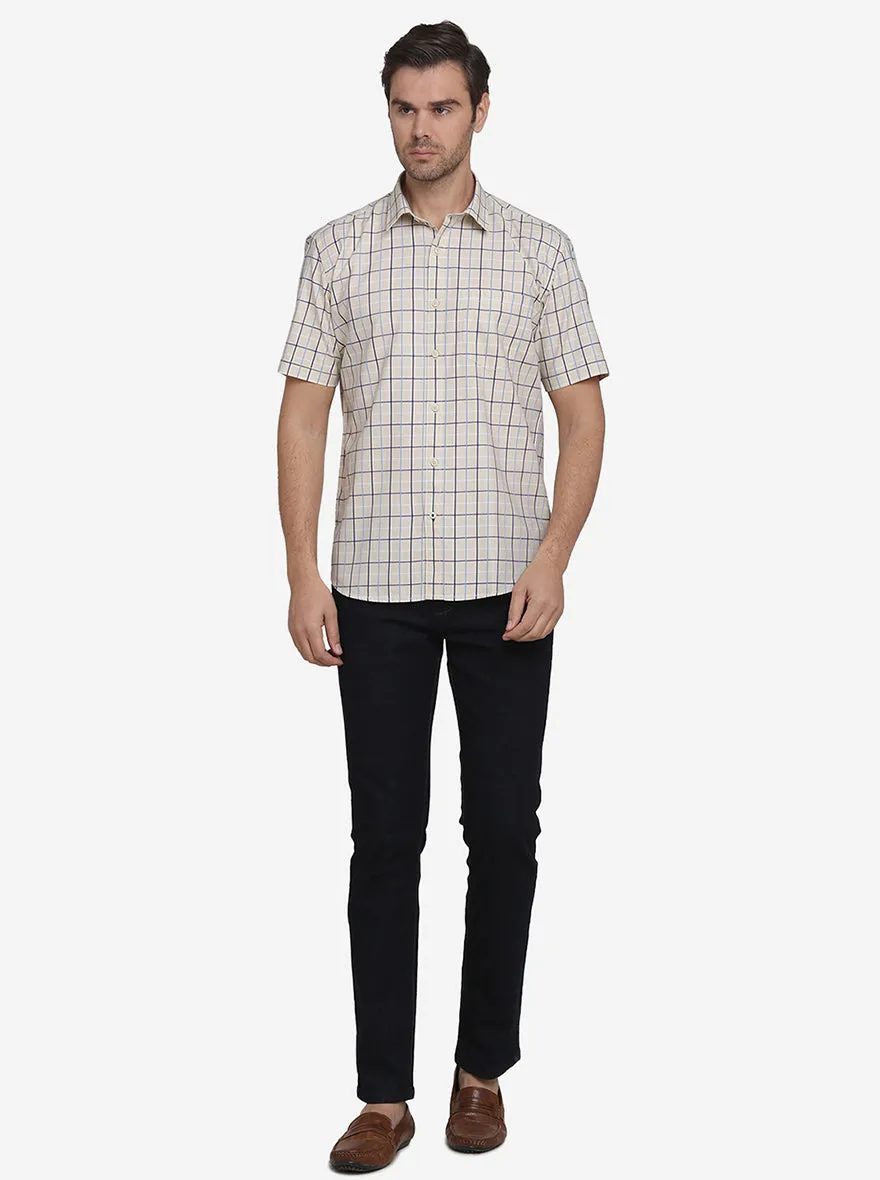 Cream & Blue Checked Regular Fit Casual Shirt  | Greenfibre