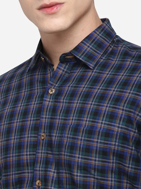 Dark Blue Checked Tailored Fit Casual Shirt | JadeBlue