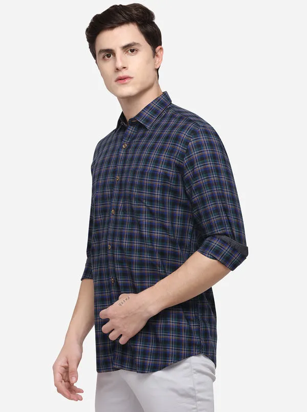 Dark Blue Checked Tailored Fit Casual Shirt | JadeBlue