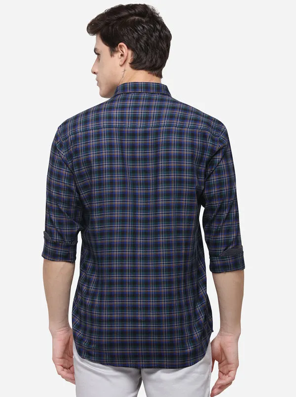 Dark Blue Checked Tailored Fit Casual Shirt | JadeBlue