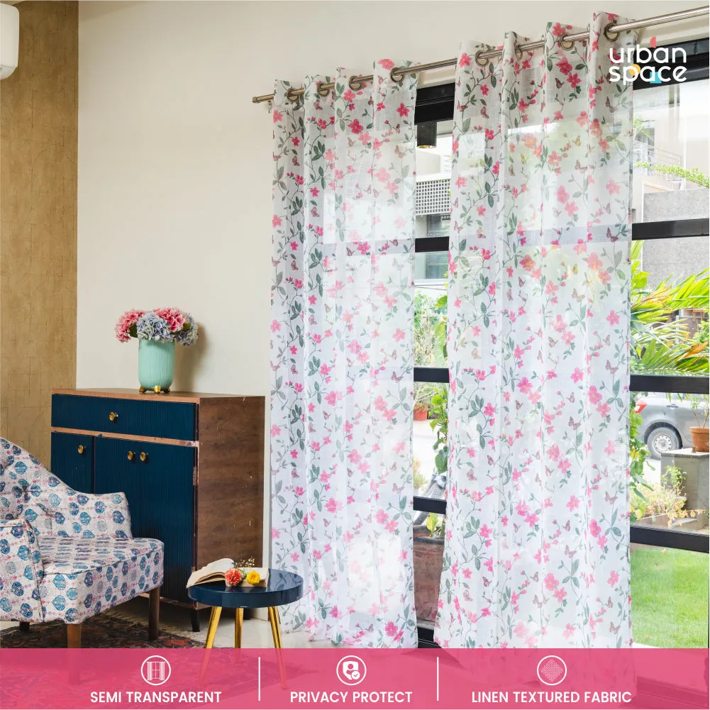 Digital Printed, Linen textured Sheer Curtain for Living Room , Curtain for Window/Door, Pack of 2 Curtains, Floral Pink