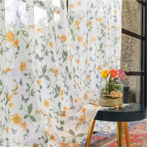 Digital Printed, Linen textured Sheer Curtain for Living Room , Curtain for Window/Door, Pack of 2 Curtains - Floral Yellow