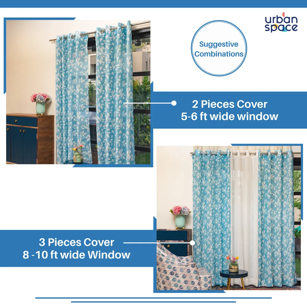 Digital Printed, Linen textured Sheer Curtain for Living Room , Curtain for Window/Door, Pack of 2 Curtains - Leaves Blue