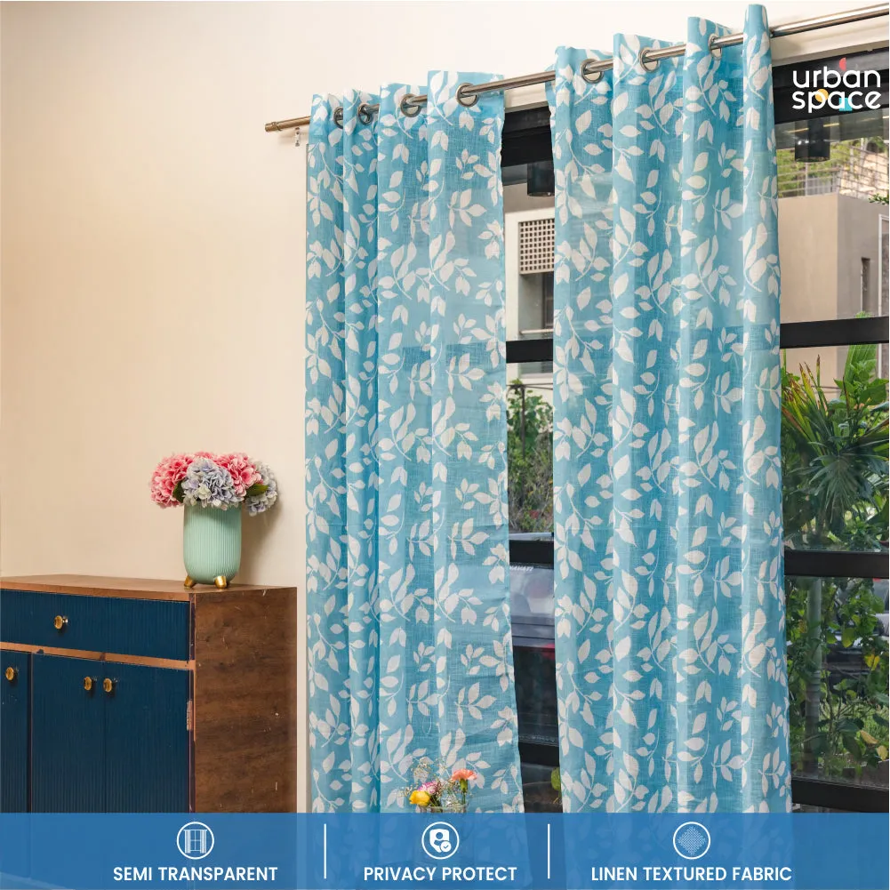 Digital Printed, Linen textured Sheer Curtain for Living Room , Curtain for Window/Door, Pack of 2 Curtains - Leaves Blue