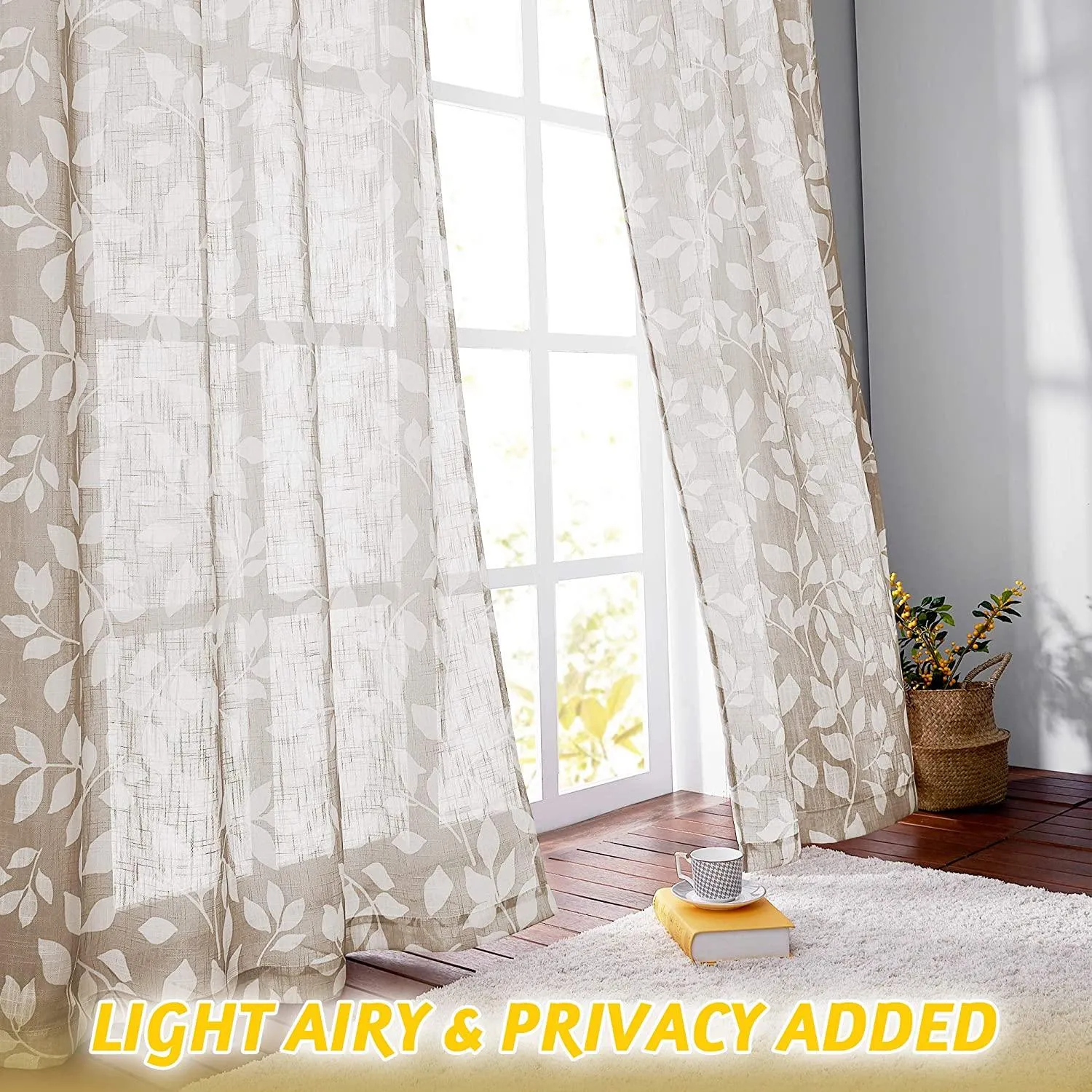 Digital Printed, Linen textured Sheer Curtain for Living Room , Curtain for Window/Door, Pack of 2 Curtains - Leaves Brown