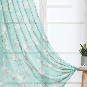 Digital Printed, Linen textured Sheer Curtain for Living Room , Curtain for Window/Door, Pack of 2 Curtains - Tulip Green