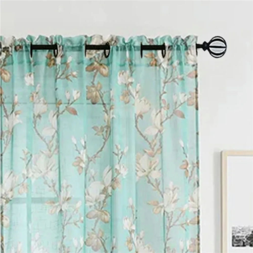 Digital Printed, Linen textured Sheer Curtain for Living Room , Curtain for Window/Door, Pack of 2 Curtains - Tulip Green