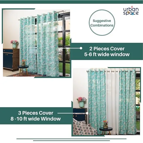 Digital Printed, Linen textured Sheer Curtain for Living Room , Curtain for Window/Door, Pack of 2 Curtains - Tulip Green