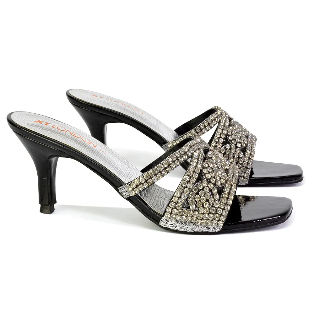 Dominica Diamante Low Kitten High Heel Stiletto Heeled Mule Sandals in Black