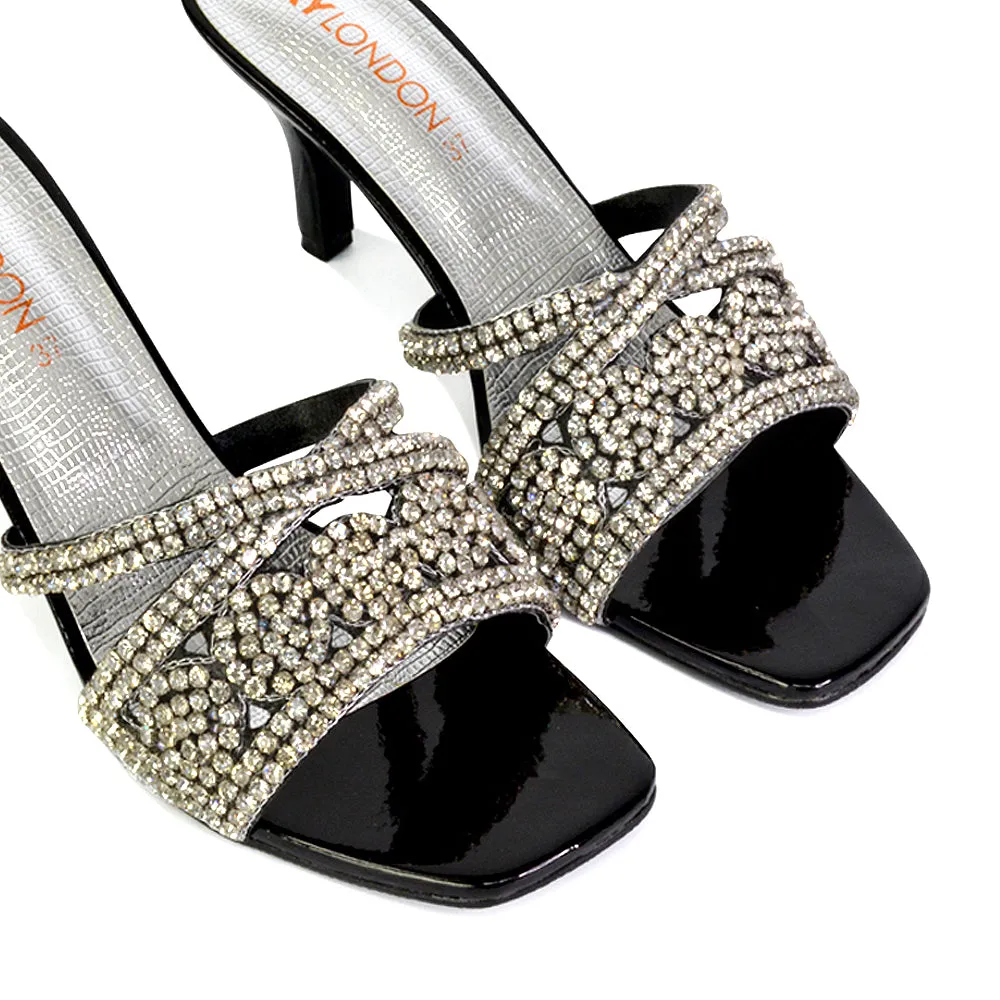 Dominica Diamante Low Kitten High Heel Stiletto Heeled Mule Sandals in Black