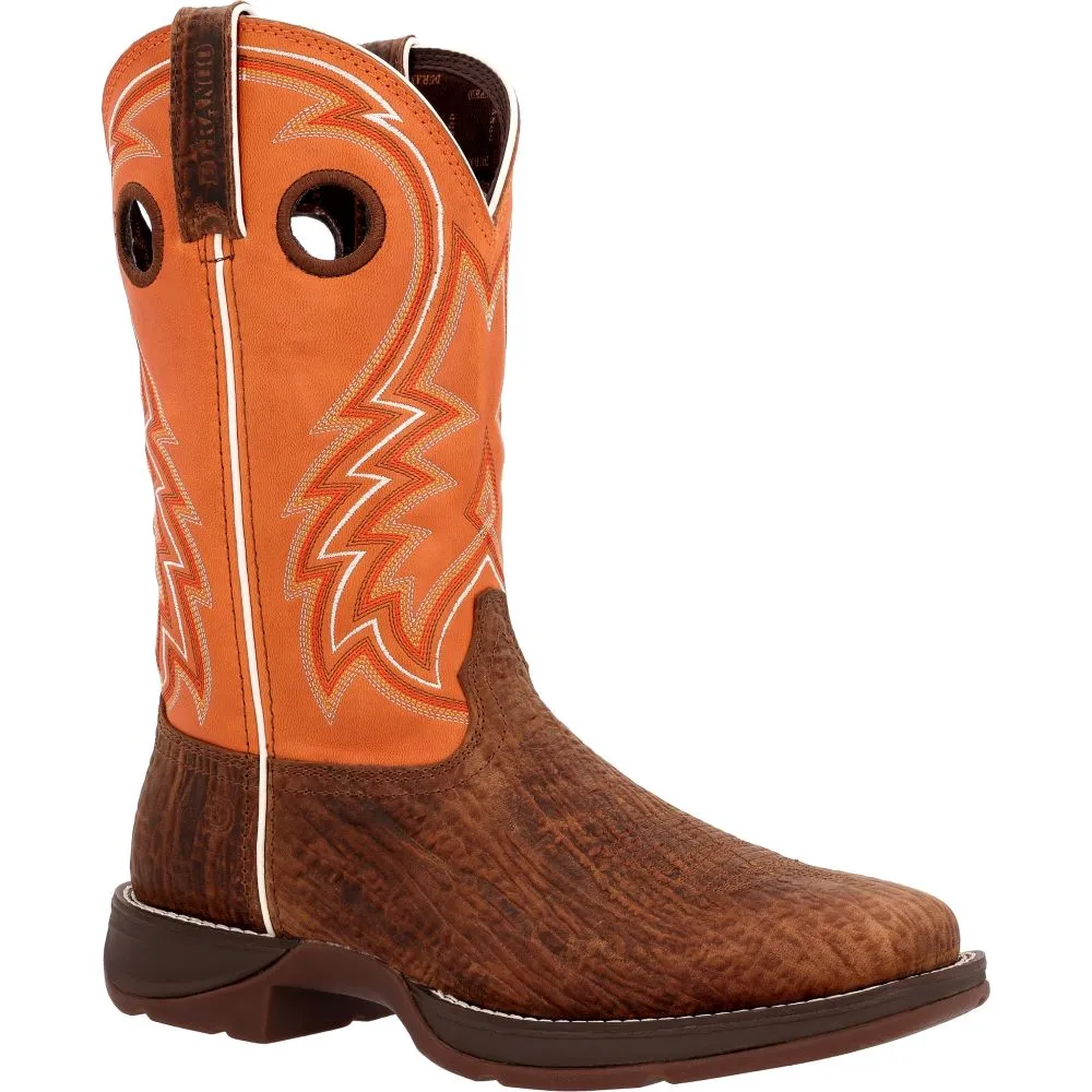 'Durango' Men's 12" Rebel™ Western Square Toe - Cedar Bark / Monarch Orange