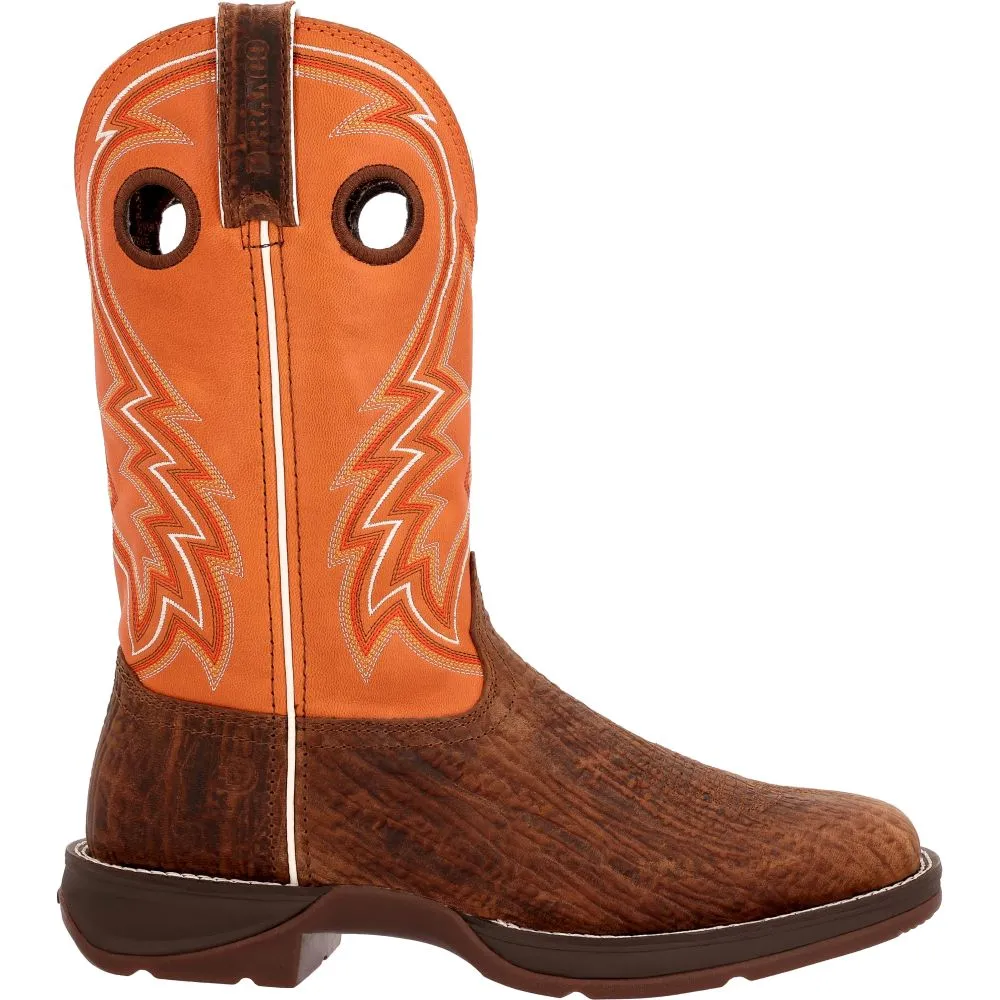 'Durango' Men's 12" Rebel™ Western Square Toe - Cedar Bark / Monarch Orange