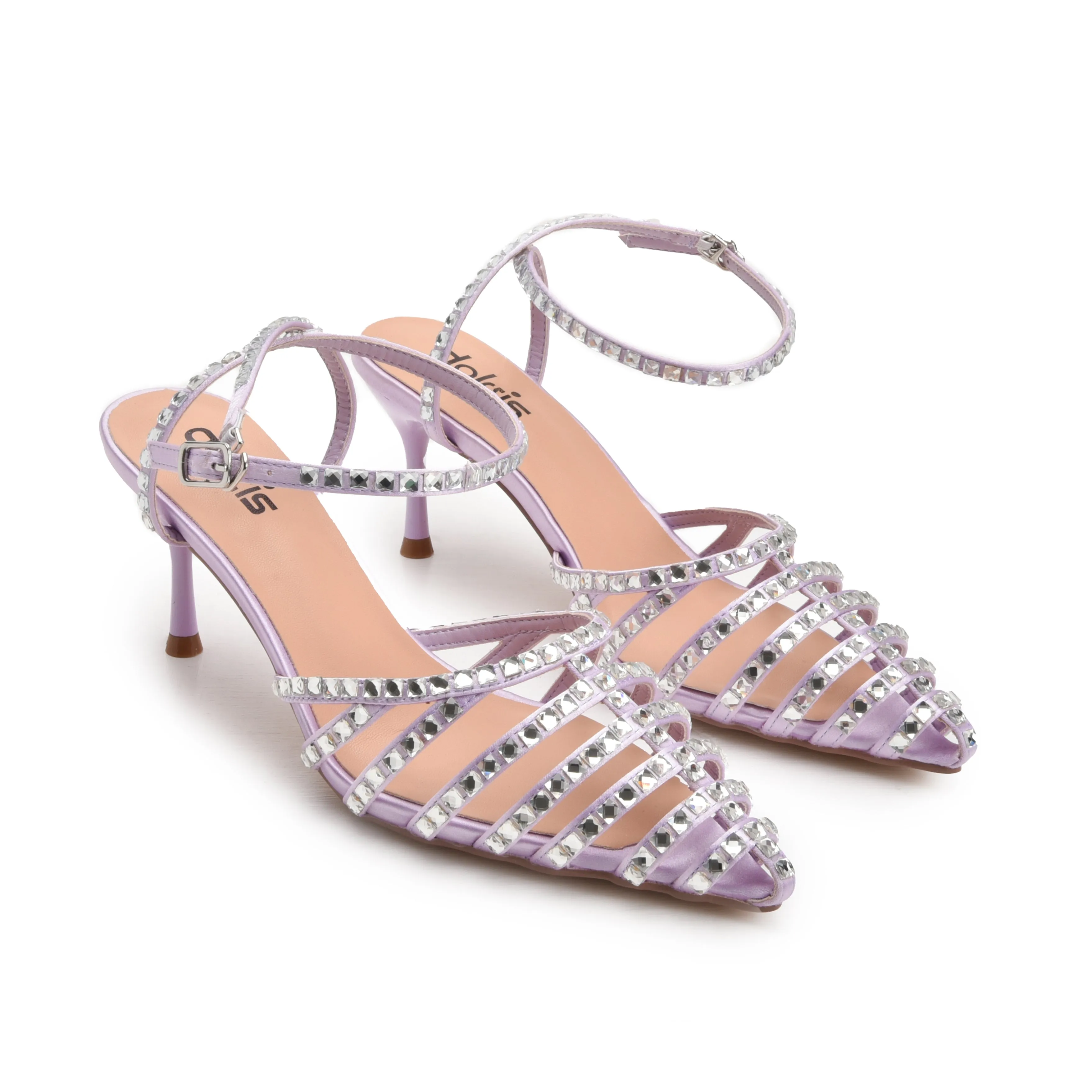 Elegant Lavender Strappy Rhinestone Kitten Heel Sandals | 429N-J