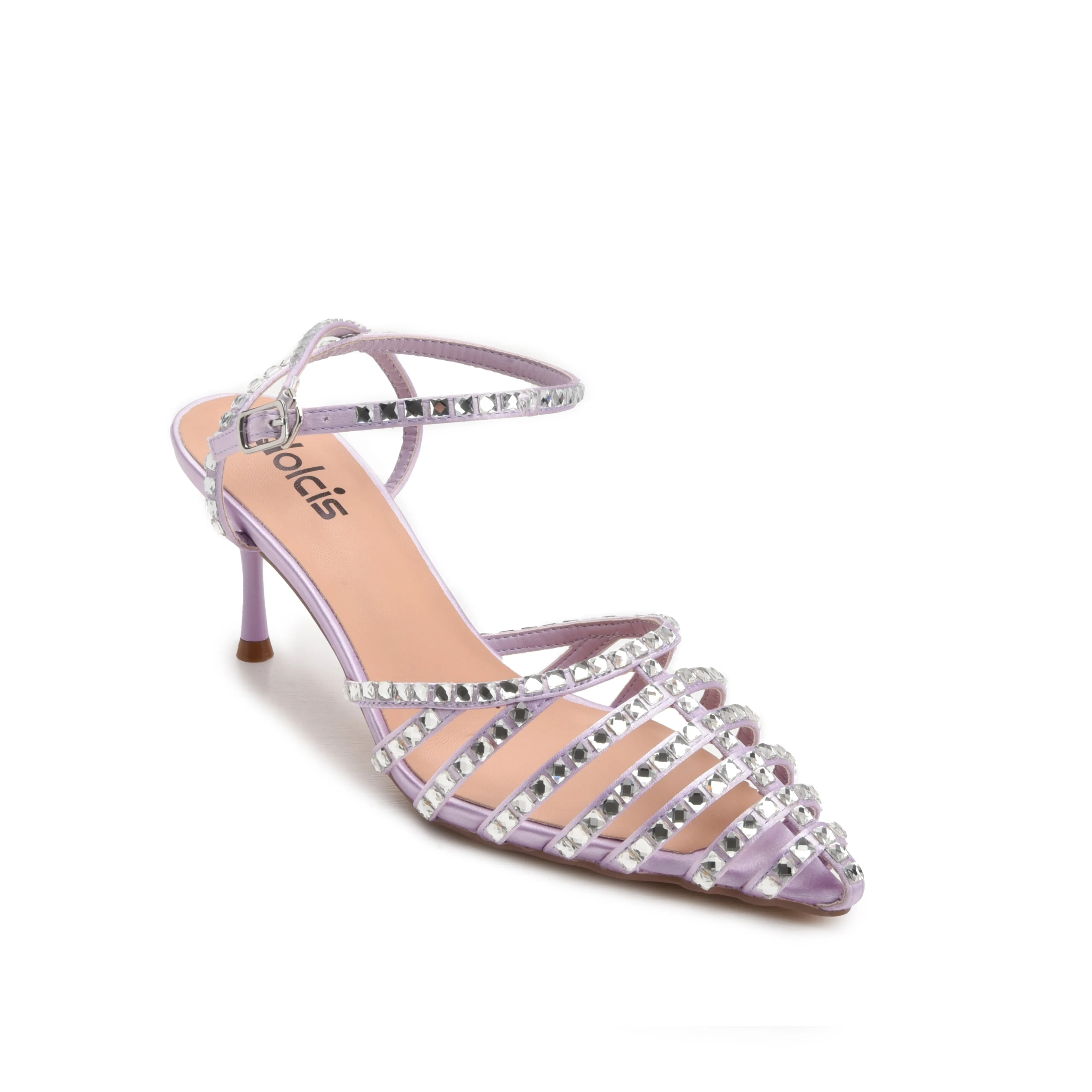 Elegant Lavender Strappy Rhinestone Kitten Heel Sandals | 429N-J